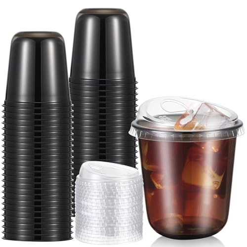 Ziliny 50 Sets Clear Plastic Coffee Cups with Sip Lids Disposable Plastic PET Crystal Cups for Iced Coffee Smoothie Cold Beverage Drink Shops and Party CateringBlack12 oz